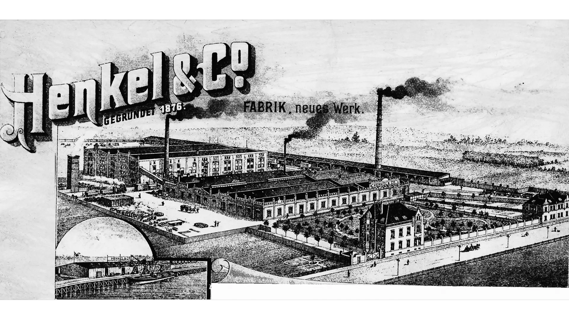 หัวจดหมายของเฮงเค็ล พร้อมภาพโรงงานที่โฮลท์เฮาเซิน และส่วนหนึ่งของท่าเรือไรโชลซ์ที่มุมล่างซ้าย