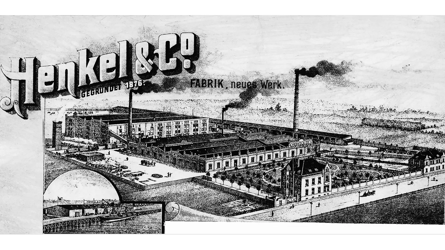 หัวจดหมายของเฮงเค็ล พร้อมภาพโรงงานที่โฮลท์เฮาเซิน และส่วนหนึ่งของท่าเรือไรโชลซ์ที่มุมล่างซ้าย